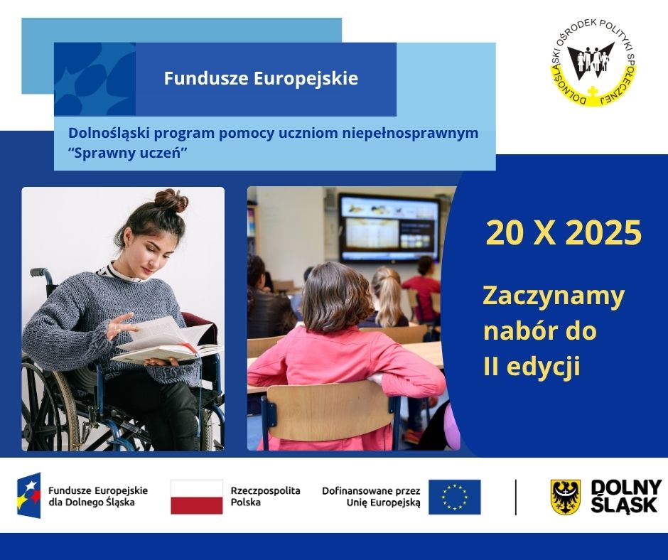 Na pierwszym planie znajdują  się  2 zdjęcia:
Na zdjęciu z lewej strony znajduje się dziewczyna siedząca na wózku inwalidzkim, przeglądająca kalendarz.
Na zdjęciu umieszczonym w środkowej części jest grupa dzieci siedzących w ławkach szkolnych w klasie. Z przodu umieszczona jest tablica. Dzieci siedzą przodem do tablicy. 
Obok zdjęć, po ich prawej stronie  na niebieskim tle  znajduje się napis: 20 X 2025 Zaczynamy nabór do II edycji.
W górnej części grafiki są 3 niebieskie prostokąty, na których znajdują się napisy: Fundusze Europejskie oraz Dolnośląski program pomocy uczniom niepełnosprawnym „Sprawny uczeń”.
Poniżej zamieszczone są logotypy kolejno: Fundusze Europejskie dla Dolnego Śląska (trzy gwiazdki: biała, żółta i czerwona na niebieskim tle), flaga Rzeczpospolitej Polskiej, Flaga Unii europejskiej (żółte gwiazdki ułożone w okręgu na niebieskim tle) oraz herb Województwa Dolnośląskiego (czarny orzeł na żółtym tle).
