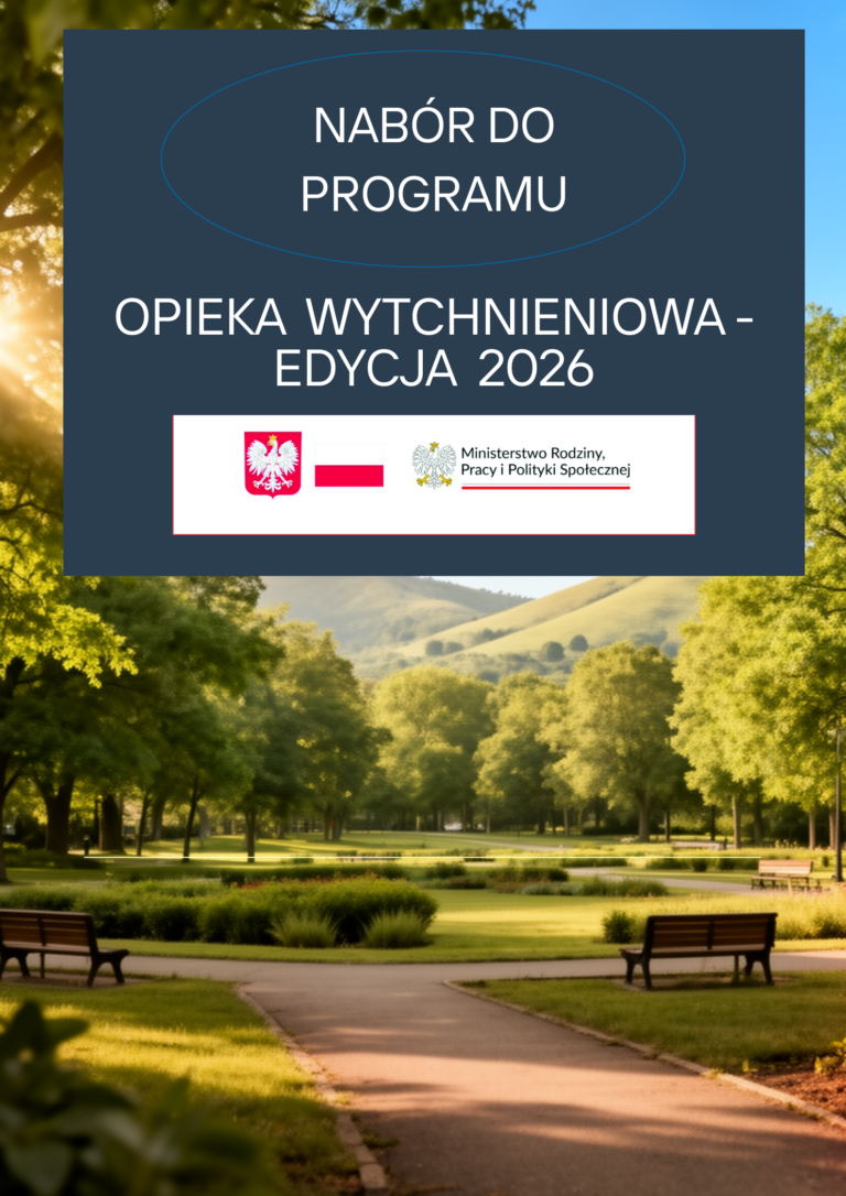 Plakat z napisem opieka wytchnieniowa 2026. W tle las wygenerowany w AI.